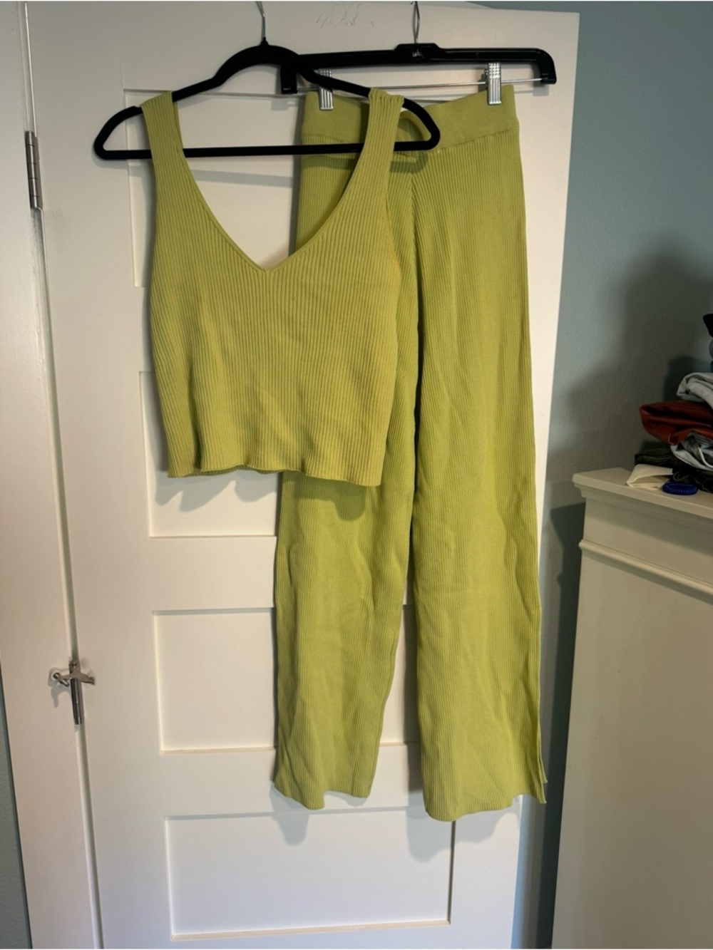 Ribbed V-Neck Crop Top and Wide-Leg Pants Set - Chartreuse